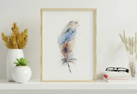 Image of a feather watercolor painting by Shayna Larsen, originals & prints available