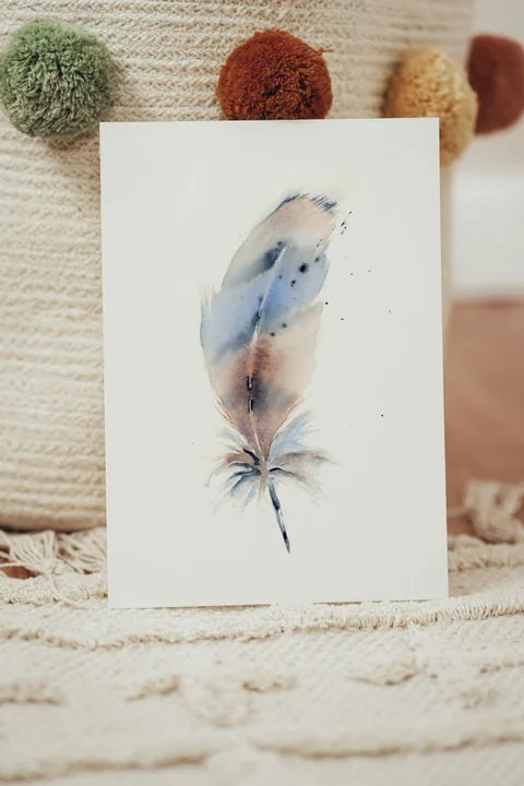 Image of a feather watercolor painting by Shayna Larsen, originals & prints available
