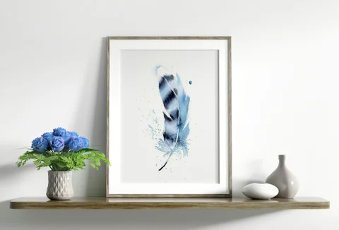 Image of a feather watercolor painting by Shayna Larsen, originals & prints available