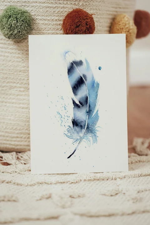 Image of a feather watercolor painting by Shayna Larsen, originals & prints available