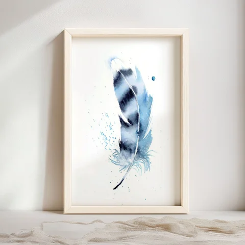 Image of a feather watercolor painting by Shayna Larsen, originals & prints available