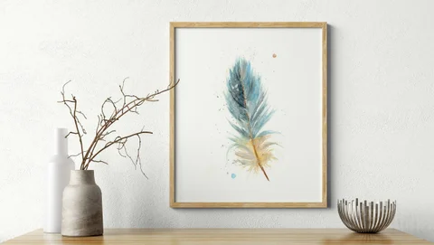 Image of a feather watercolor painting by Shayna Larsen, originals & prints available