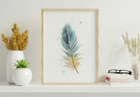 Image of a feather watercolor painting by Shayna Larsen, originals & prints available