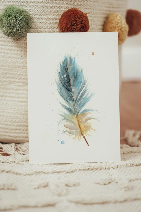 Image of a feather watercolor painting by Shayna Larsen, originals & prints available