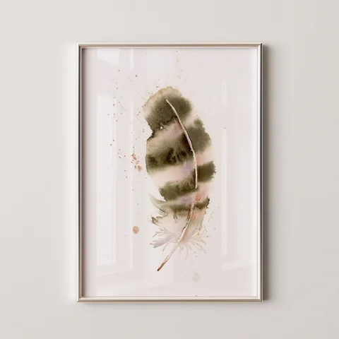 Image of a feather watercolor painting by Shayna Larsen, originals & prints available