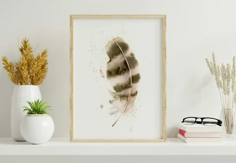 Image of a feather watercolor painting by Shayna Larsen, originals & prints available
