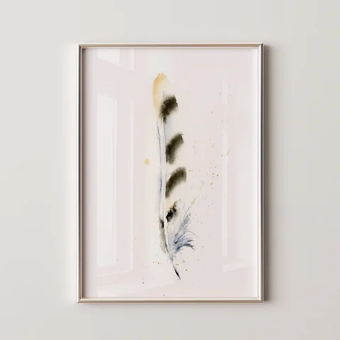 Image of a feather watercolor painting by Shayna Larsen, originals & prints available