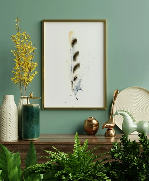 Image of a feather watercolor painting by Shayna Larsen, originals & prints available