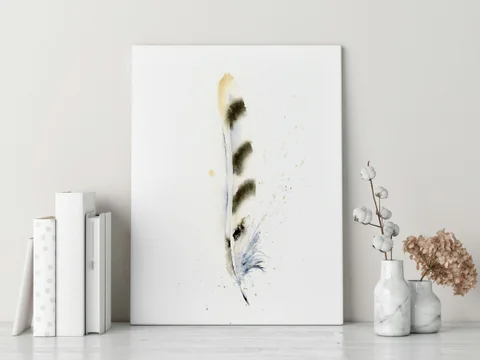 Image of a feather watercolor painting by Shayna Larsen, originals & prints available