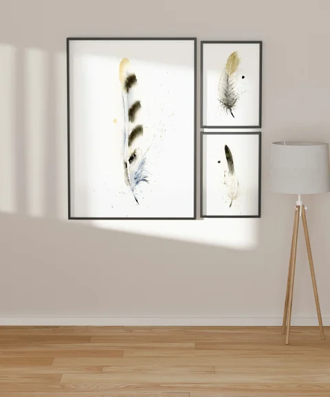 Image of a feather watercolor painting by Shayna Larsen, originals & prints available