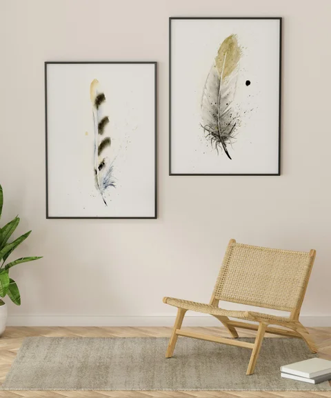 Image of a feather watercolor painting by Shayna Larsen, originals & prints available