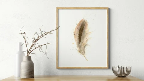 Image of a feather watercolor painting by Shayna Larsen, originals & prints available
