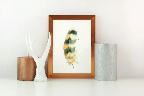 Image of a feather watercolor painting by Shayna Larsen, originals & prints available
