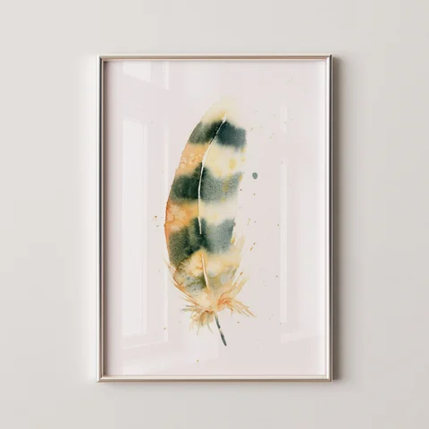 Image of a feather watercolor painting by Shayna Larsen, originals & prints available