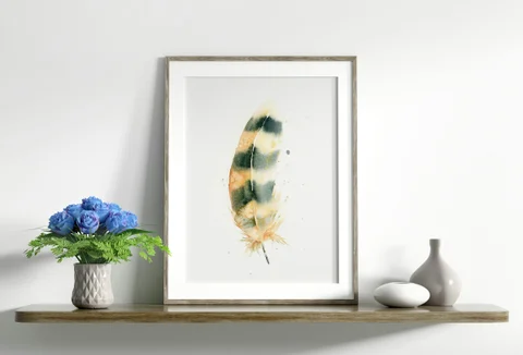 Image of a feather watercolor painting by Shayna Larsen, originals & prints available