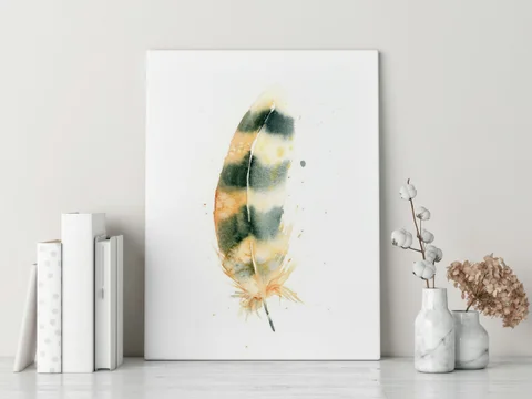 Image of a feather watercolor painting by Shayna Larsen, originals & prints available