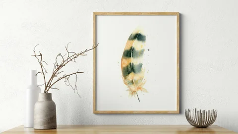Image of a feather watercolor painting by Shayna Larsen, originals & prints available
