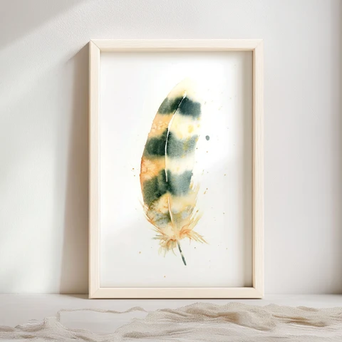 Image of a feather watercolor painting by Shayna Larsen, originals & prints available