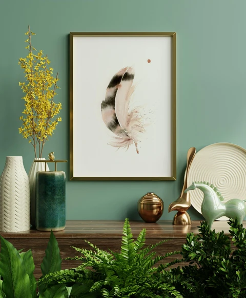 Image of a feather watercolor painting by Shayna Larsen, originals & prints available