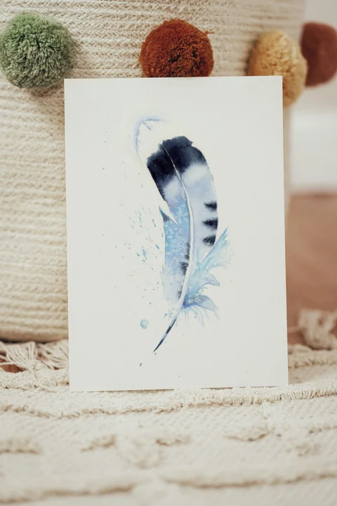 Image of a feather watercolor painting by Shayna Larsen, originals & prints available