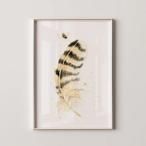 Image of a feather watercolor painting by Shayna Larsen, originals & prints available