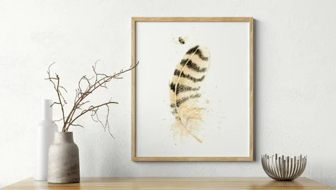 Image of a feather watercolor painting by Shayna Larsen, originals & prints available