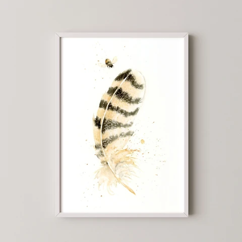 Image of a feather watercolor painting by Shayna Larsen, originals & prints available