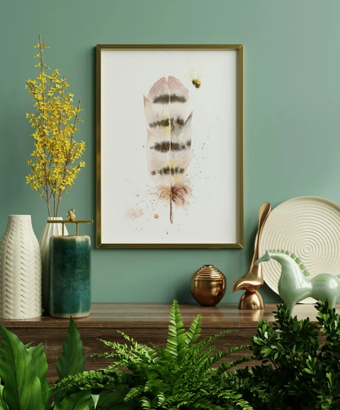 Image of a feather watercolor painting by Shayna Larsen, originals & prints available