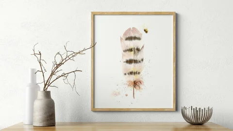 Image of a feather watercolor painting by Shayna Larsen, originals & prints available