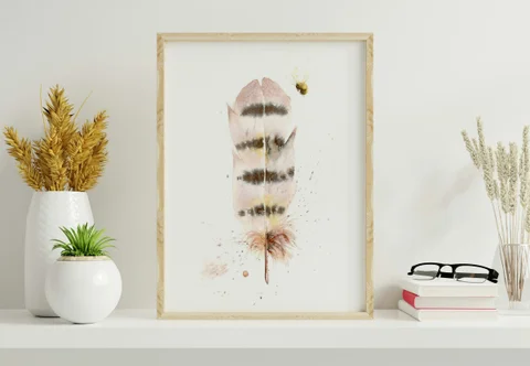 Image of a feather watercolor painting by Shayna Larsen, originals & prints available