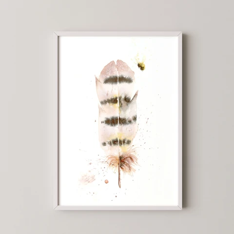 Image of a feather watercolor painting by Shayna Larsen, originals & prints available