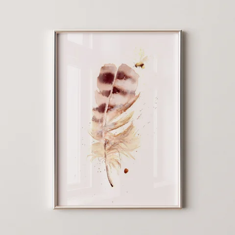 Image of a feather watercolor painting by Shayna Larsen, originals & prints available