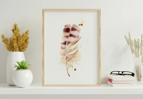 Image of a feather watercolor painting by Shayna Larsen, originals & prints available