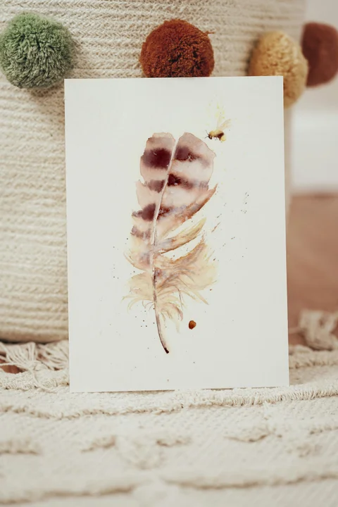 Image of a feather watercolor painting by Shayna Larsen, originals & prints available