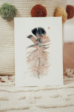 Image of a feather watercolor painting by Shayna Larsen, originals & prints available