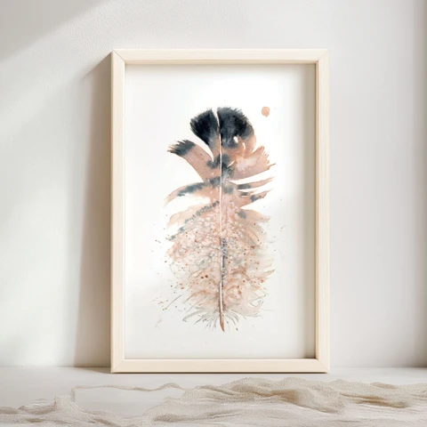 Image of a feather watercolor painting by Shayna Larsen, originals & prints available