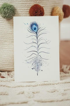 Image of a feather watercolor painting by Shayna Larsen, originals & prints available