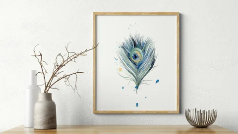 Image of a feather watercolor painting by Shayna Larsen, originals & prints available