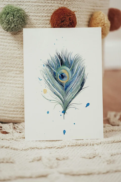 Image of a feather watercolor painting by Shayna Larsen, originals & prints available