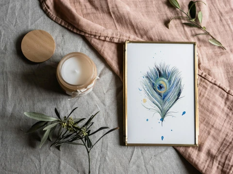 Image of a feather watercolor painting by Shayna Larsen, originals & prints available