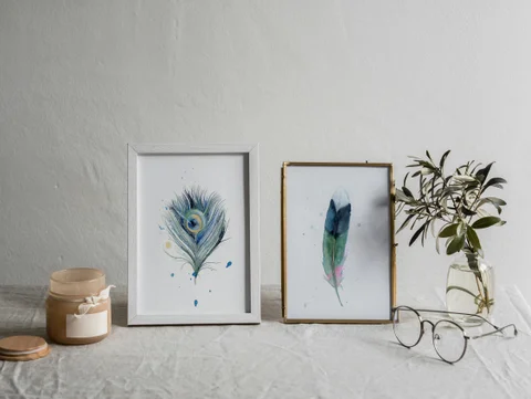 Image of a feather watercolor painting by Shayna Larsen, originals & prints available