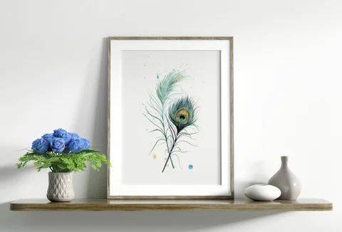 Image of a feather watercolor painting by Shayna Larsen, originals & prints available