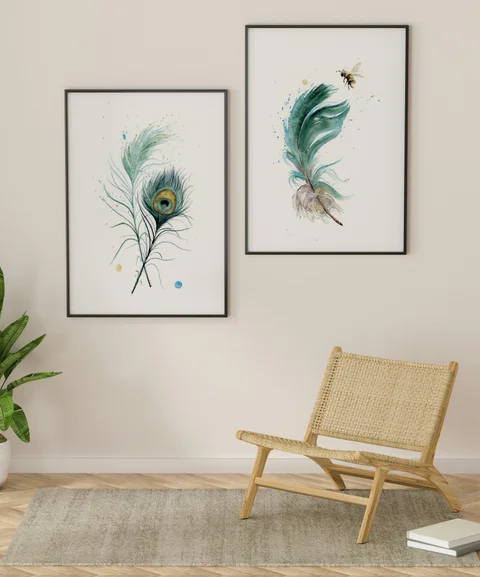 Image of a feather watercolor painting by Shayna Larsen, originals & prints available