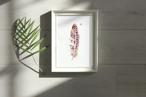 Image of a feather watercolor painting by Shayna Larsen, originals & prints available