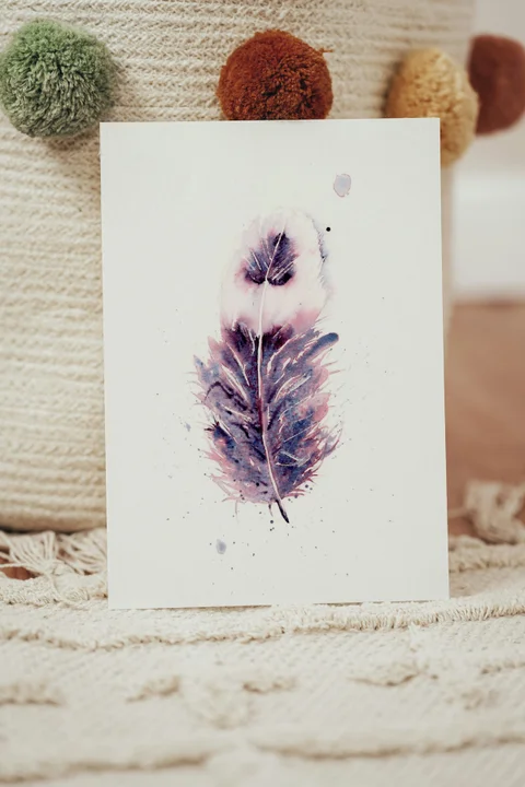 Image of a feather watercolor painting by Shayna Larsen, originals & prints available