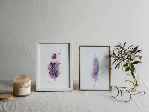 Image of a feather watercolor painting by Shayna Larsen, originals & prints available