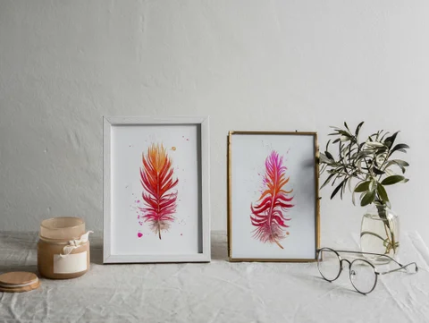 Image of a feather watercolor painting by Shayna Larsen, originals & prints available