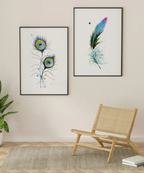 Image of a feather watercolor painting by Shayna Larsen, originals & prints available