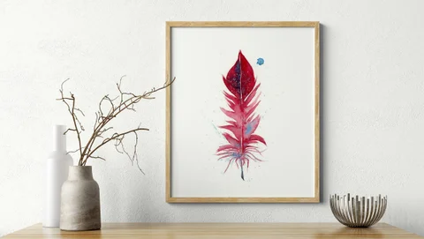 Image of a feather watercolor painting by Shayna Larsen, originals & prints available