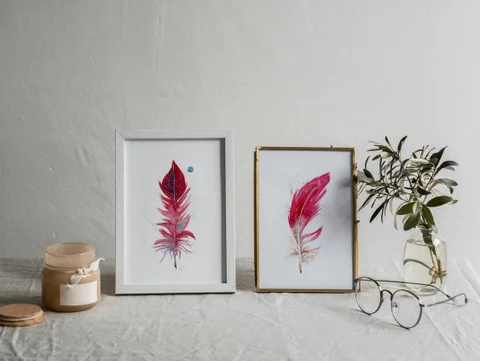 Image of a feather watercolor painting by Shayna Larsen, originals & prints available